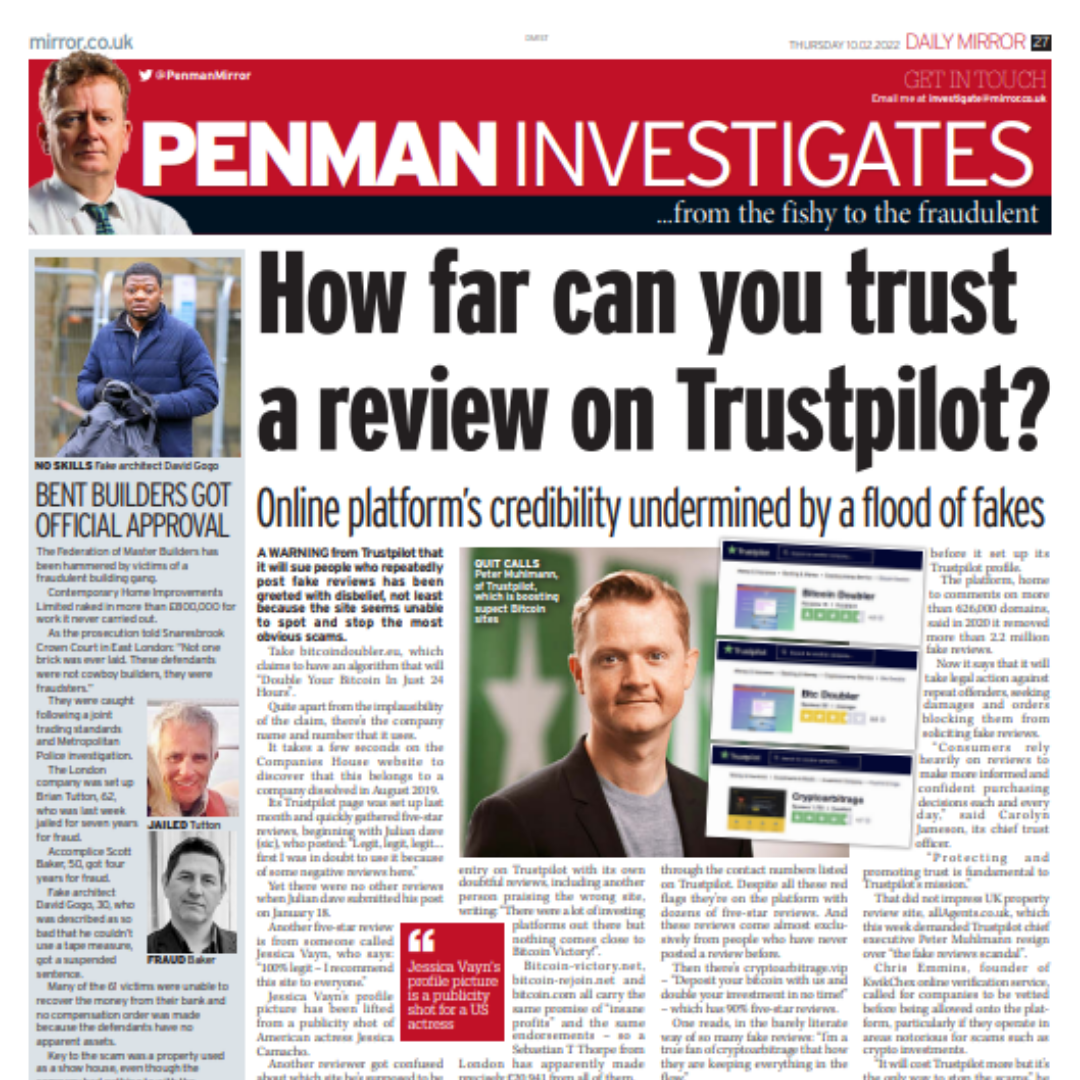 KwikChex featured in the Mirror following a joint investigation on cryptocurrency reviews on the Trustpilot site